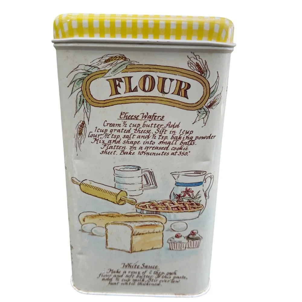 Vintage 4 Pc Metal Canister Set Recipe Flour Sugar Coffee Tea Yellow Gingham